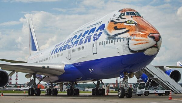 Máy bay Boeing 747-400 của hãng hàng không Transaero sơn màu lông hổ trong đề án Chuyến bay lông vằn - Sputnik Việt Nam