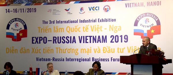 Giám đốc Dự án Những công nghệ cao của Nga Liubov Strozhaeva trên bàn chủ tọa tại Diễn đàn Doanh nghiệp Việt - Nga - Sputnik Việt Nam