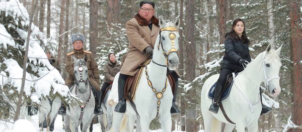 Nhà lãnh đạo CHDCND Triều Tiên Kim Jong-un và vợ cưỡi ngựa ở vùng núi Paektu - Sputnik Việt Nam