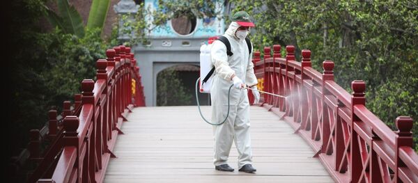 Phun thuốc tiêu độc khử trùng tại cầu Thê Húc. - Sputnik Việt Nam