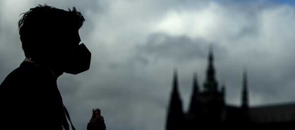 Hình bóng của một người đàn ông đeo mặt nạ y tế trên cầu Charles ở Prague - Sputnik Việt Nam