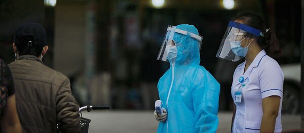 Lực lượng chốt bảo vệ đo thân nhiệt và khai báo ngay phía cổng bệnh viện cũng đang sử dụng chiếc mũ mà chị Vũ Thị Hoa làm ra. - Sputnik Việt Nam