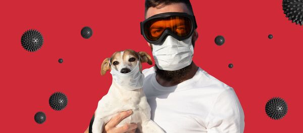 Người đàn ông đeo mặt nạ bảo vệ và đeo kính với một con chó trong mặt nạ y tế - Sputnik Việt Nam