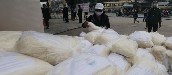 Gạo được phát miễn phí tại cổng trường và Trung tâm Văn hoá quận Hai Bà Trưng. - Sputnik Việt Nam