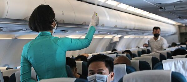 Nhân viên Vietnam Airlines xịt khử khuẩn trước chuyến bay. - Sputnik Việt Nam