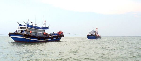 Trong ảnh: Hai tàu cá khai thác giã cào trái phép trên vùng biển tỉnh Thừa Thiên- Huế. Ảnh: TTXVN phát - Sputnik Việt Nam